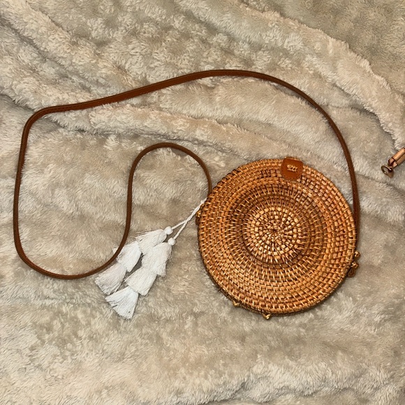 Handbags - Woven Round Rattan Crossbody Bag with Tassel - Brown